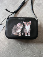F/W 2018 Balenciaga Kitten Print Leather Shoulder Camer Bag Black