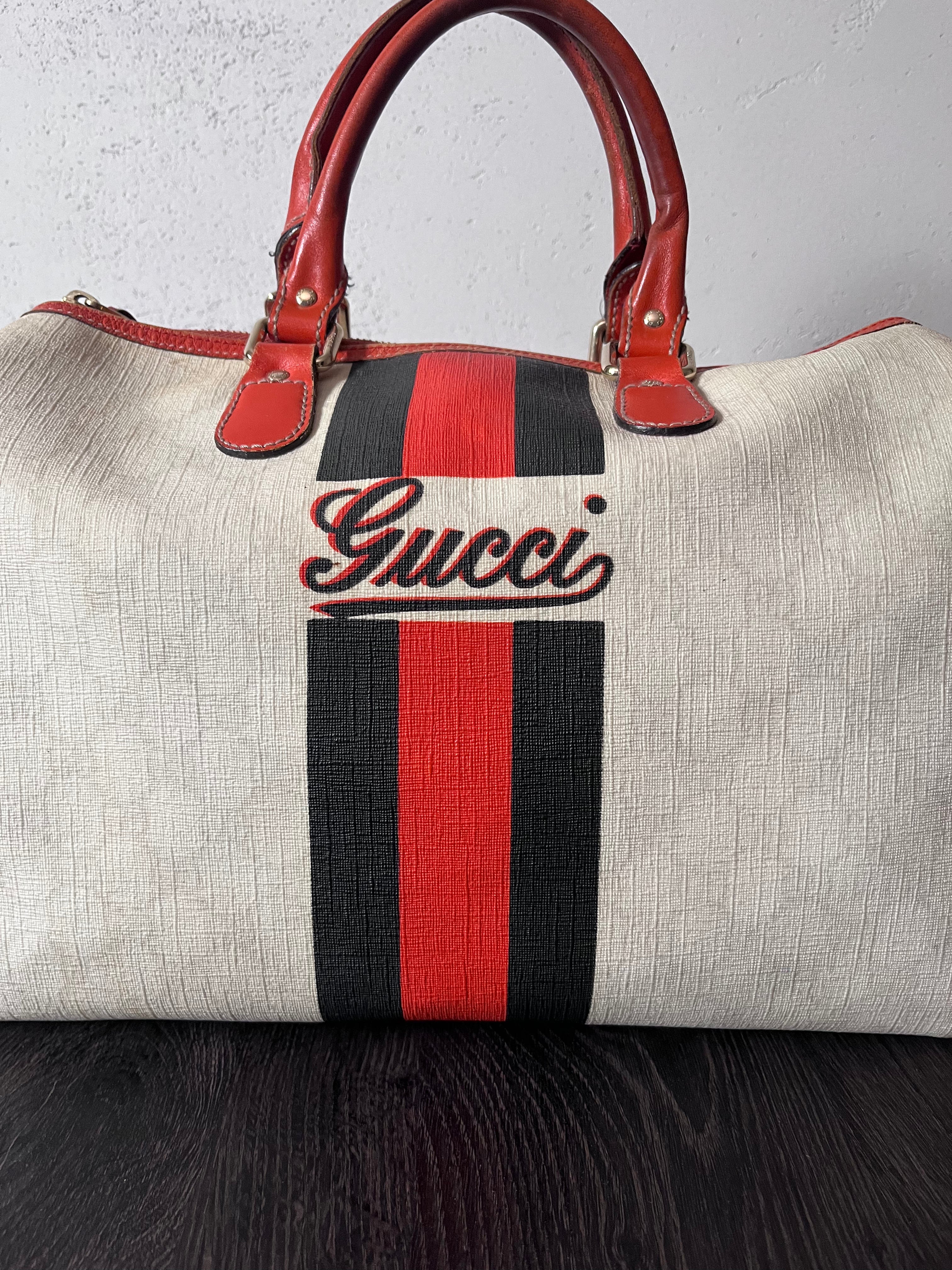 Gucci Limited Edition GG Supreme Boston Canvas Handbag White Red