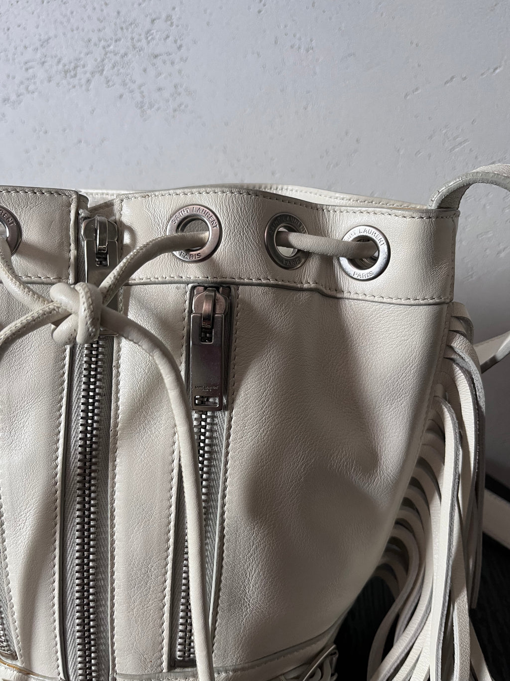 Saint Laurent Paris Mini Rider Leather Zipper Shoulder Bag White