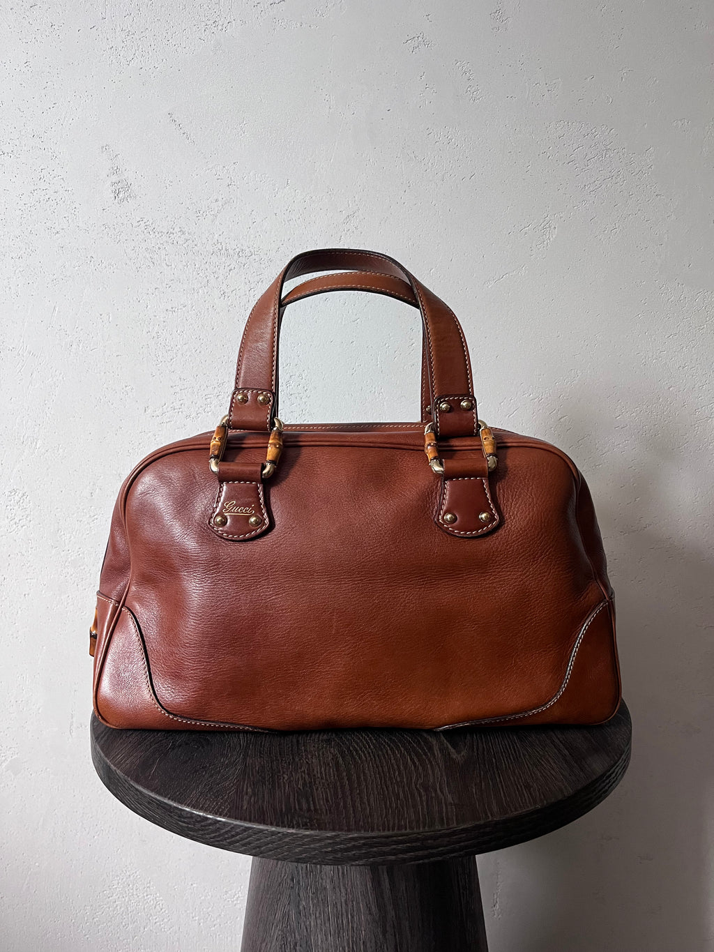 Gucci Mini Boston Leather Bamboo Handbag Brown