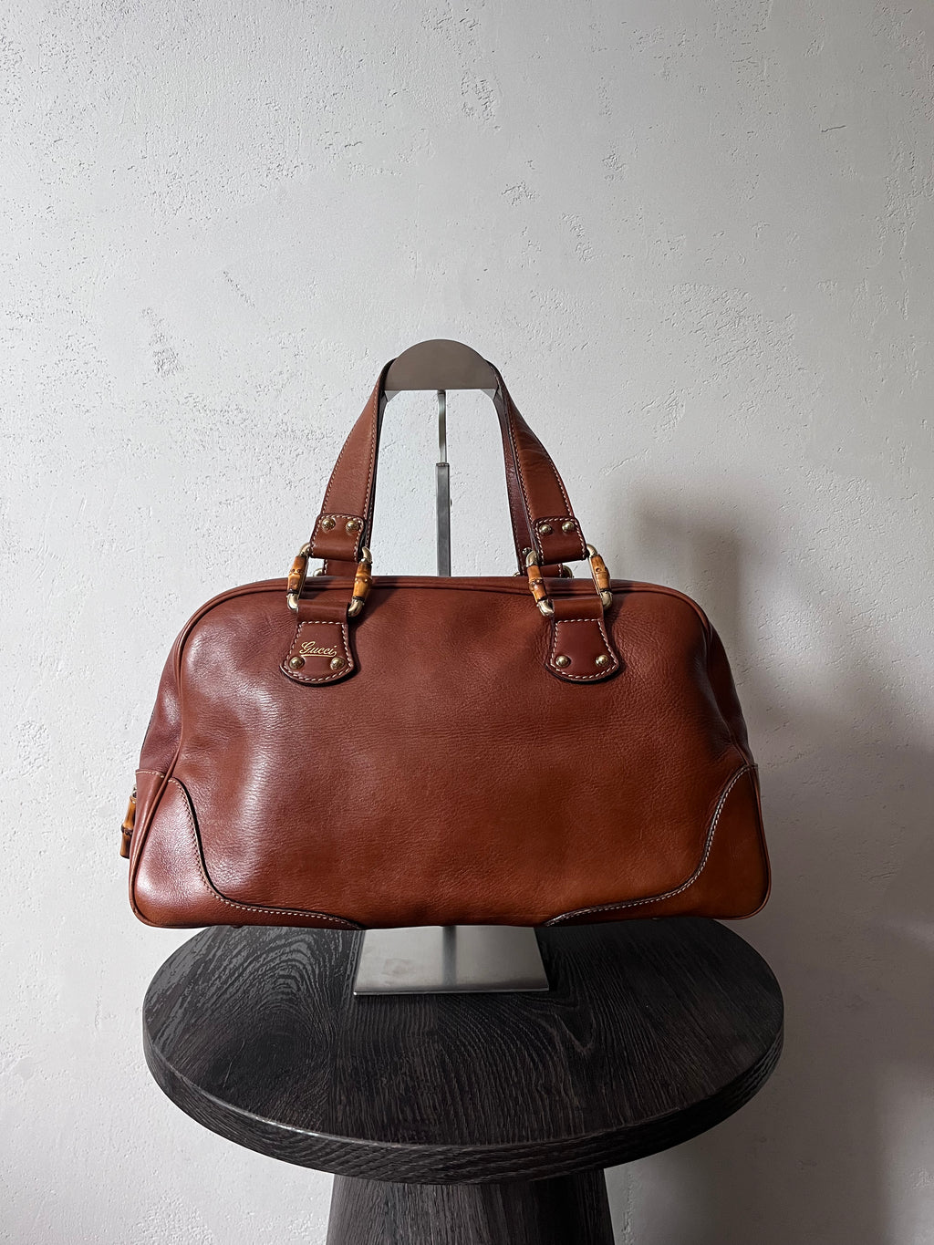 Gucci Mini Boston Leather Bamboo Handbag Brown