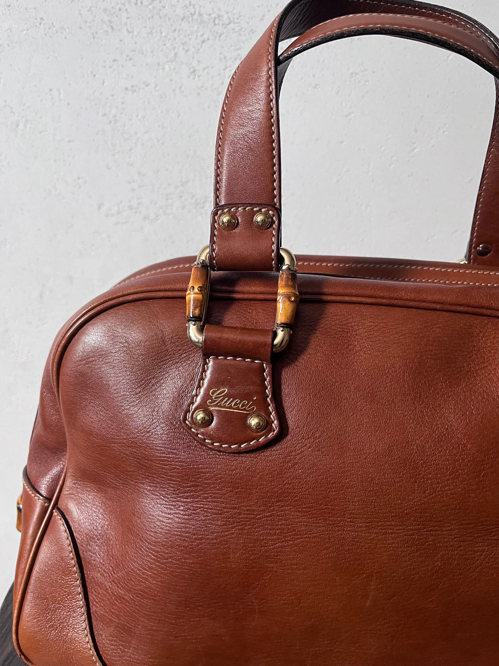 Gucci Mini Boston Leather Bamboo Handbag Brown