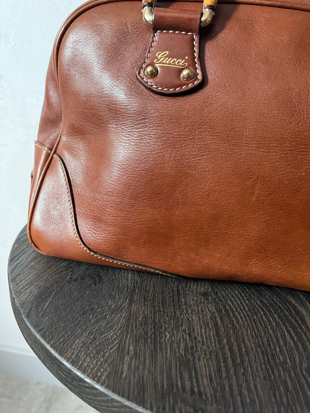 Gucci Mini Boston Leather Bamboo Handbag Brown