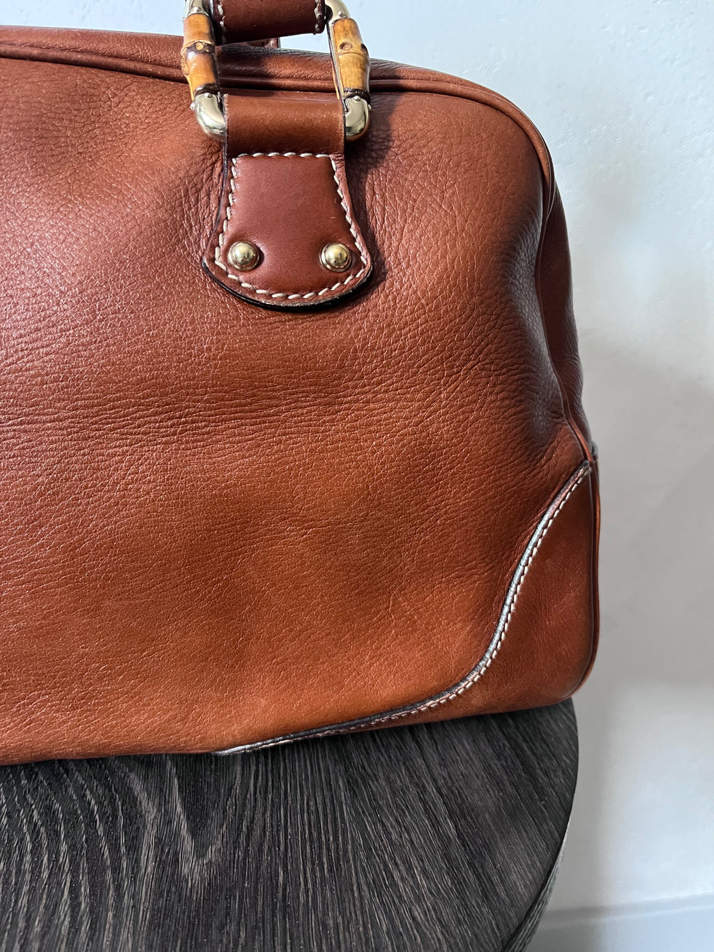 Gucci Mini Boston Leather Bamboo Handbag Brown