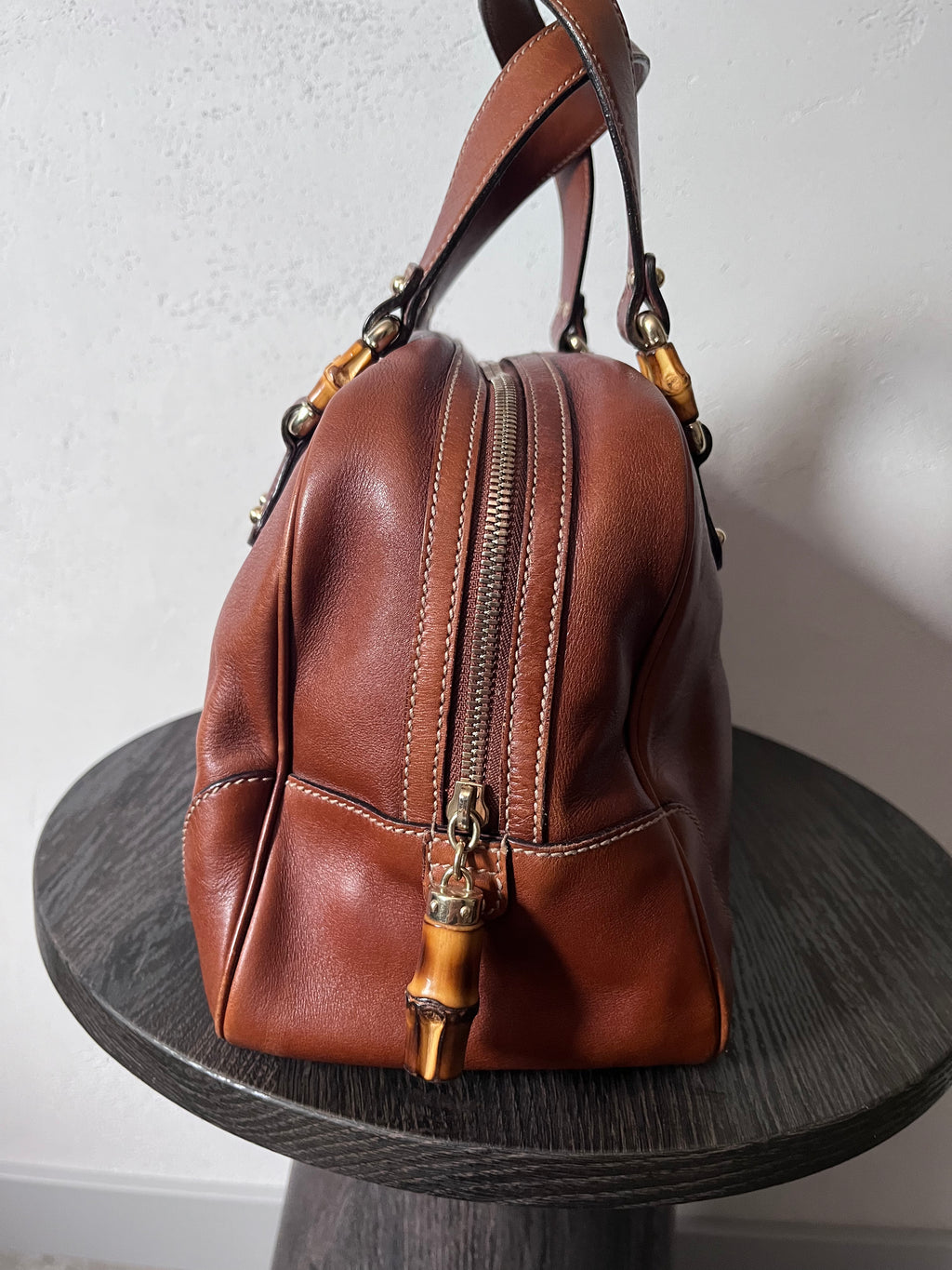 Gucci Mini Boston Leather Bamboo Handbag Brown
