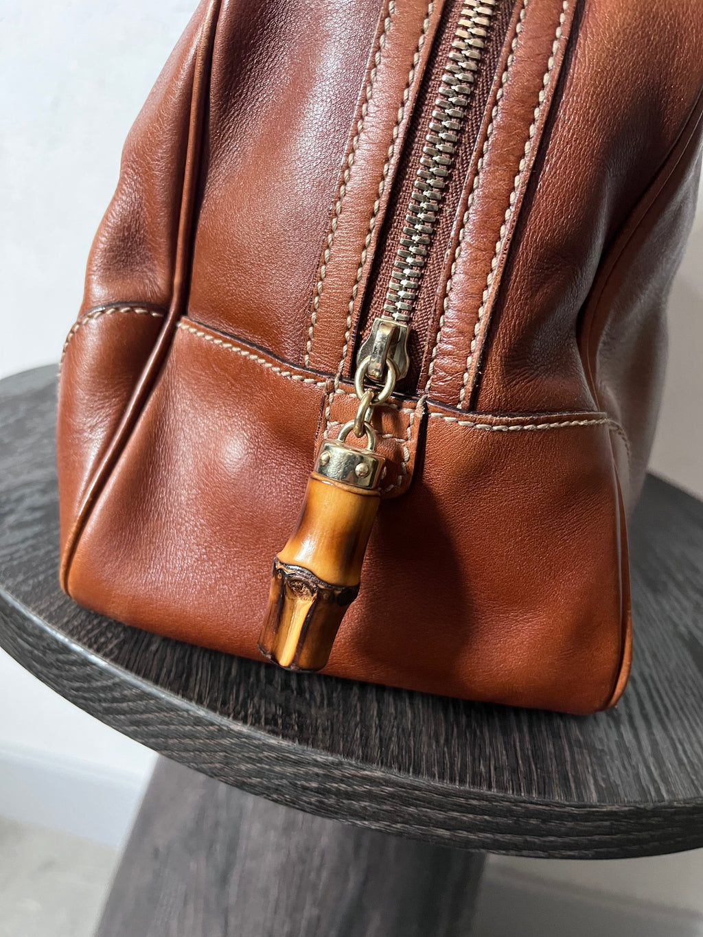Gucci Mini Boston Leather Bamboo Handbag Brown