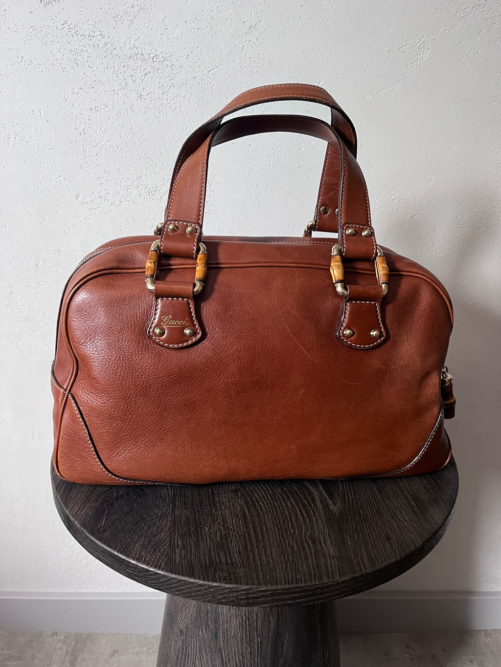 Gucci Mini Boston Leather Bamboo Handbag Brown
