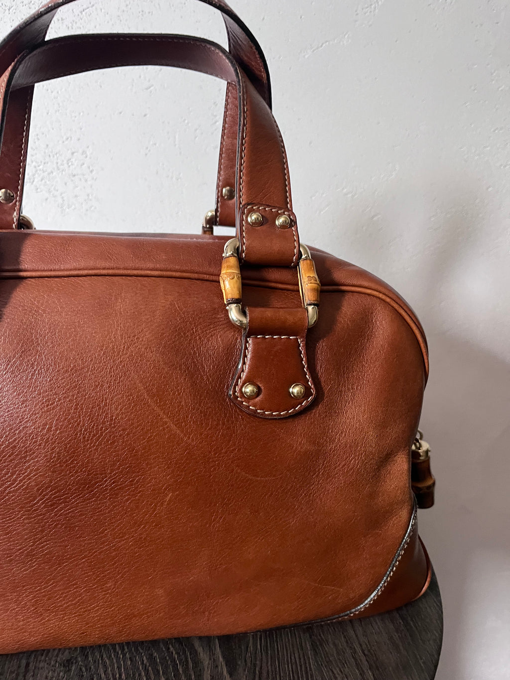 Gucci Mini Boston Leather Bamboo Handbag Brown