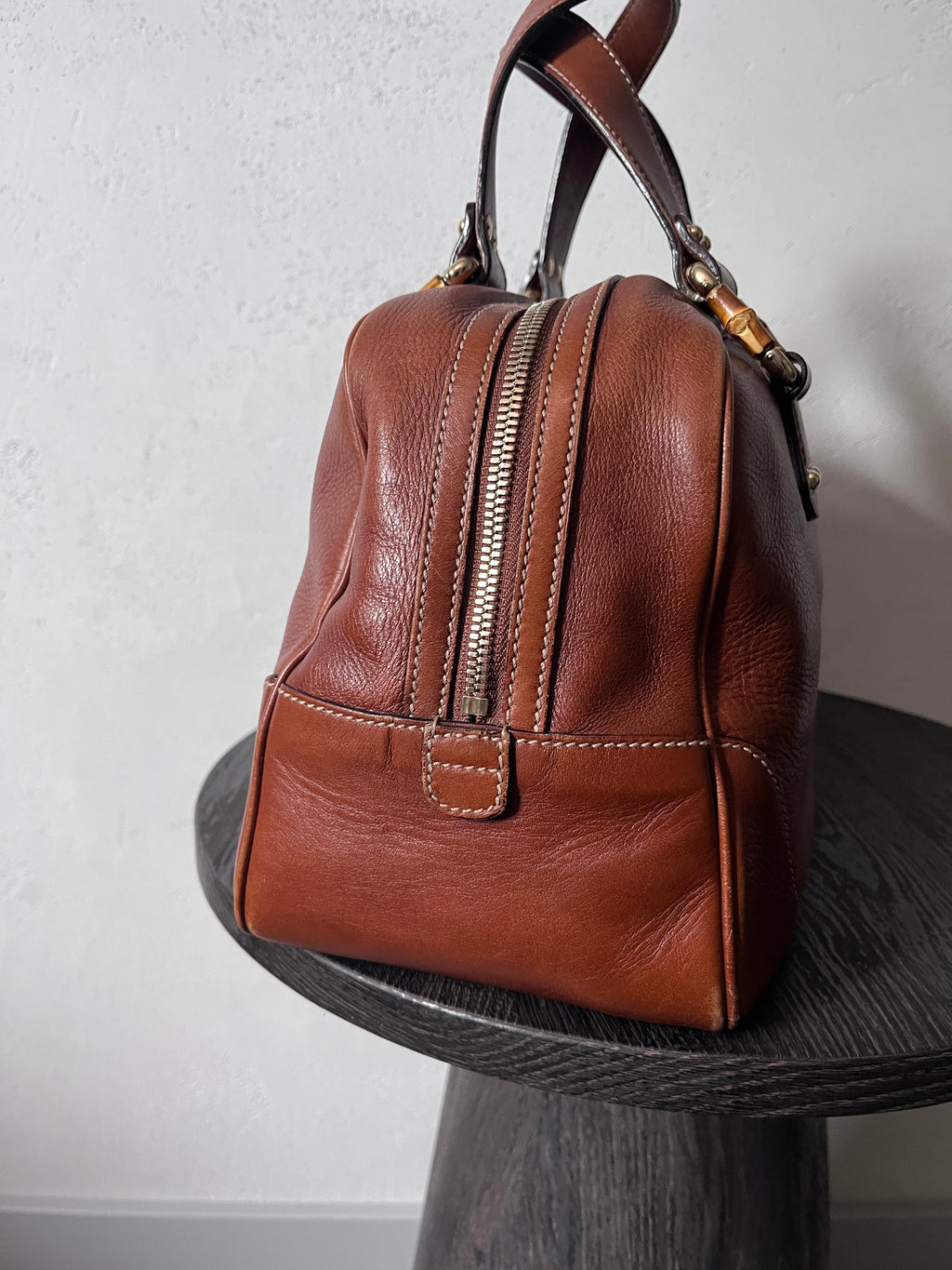 Gucci Mini Boston Leather Bamboo Handbag Brown