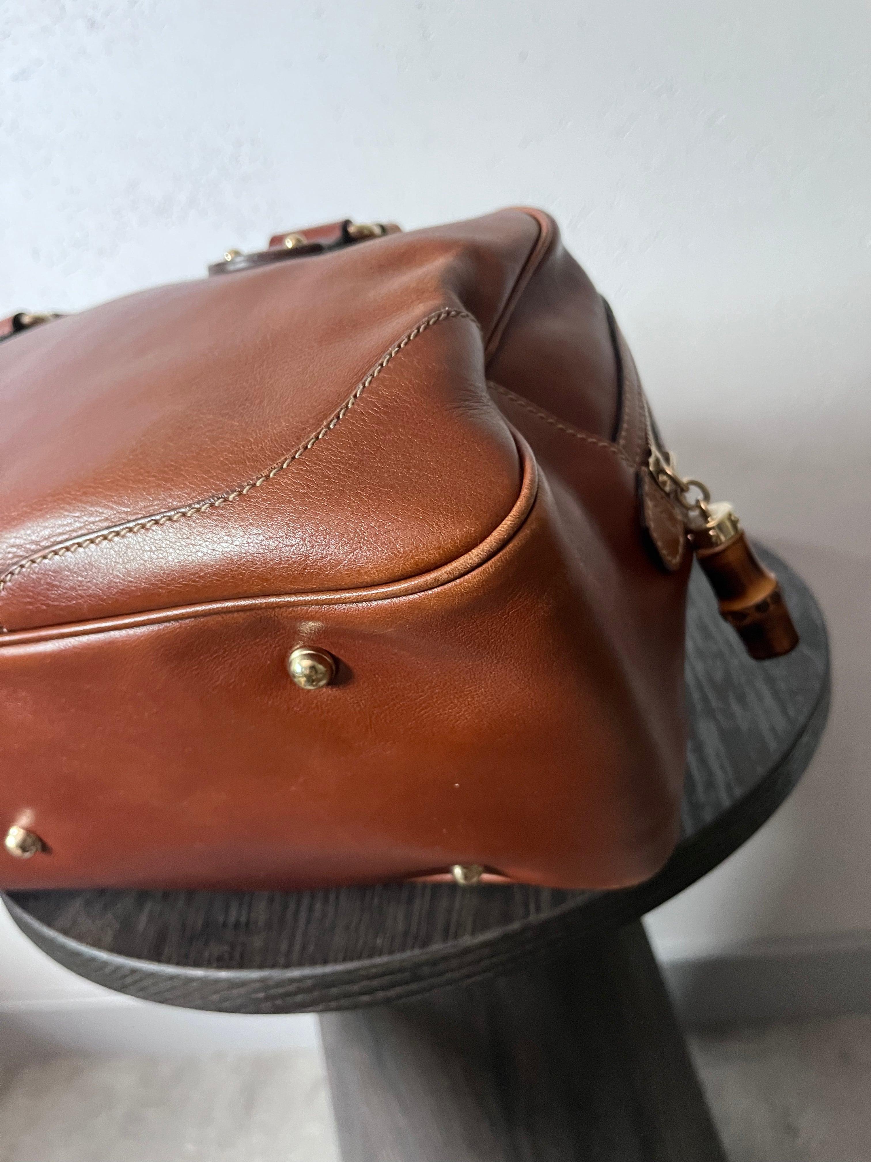 Gucci Mini Boston Leather Bamboo Handbag Brown