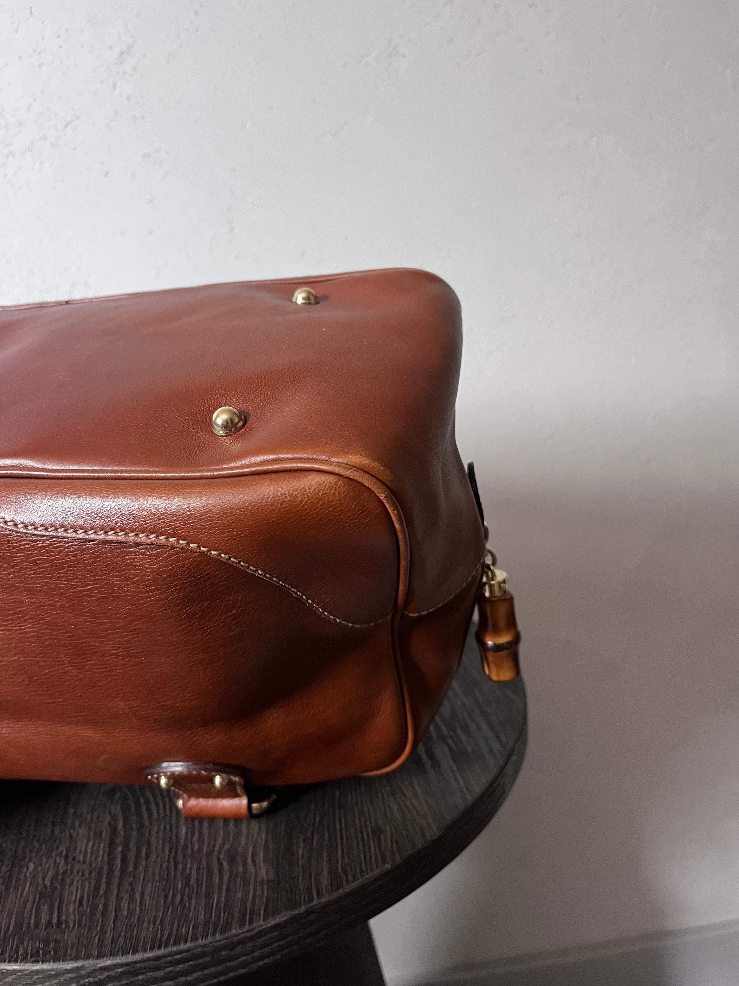 Gucci Mini Boston Leather Bamboo Handbag Brown