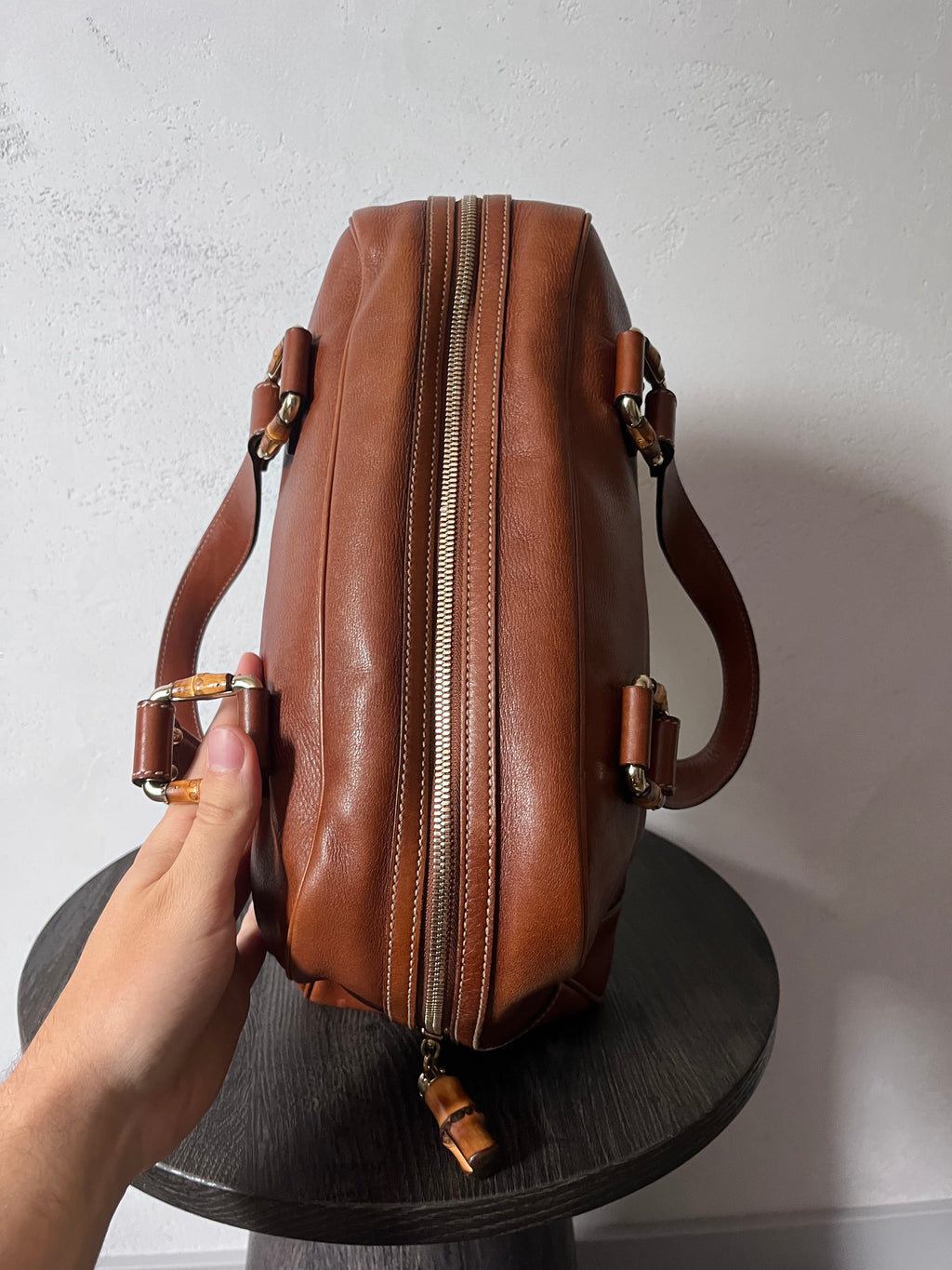 Gucci Mini Boston Leather Bamboo Handbag Brown