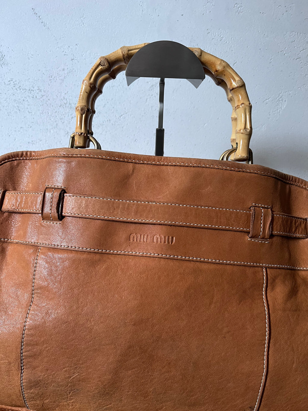 90s Miu Miu Leather Bamboo Handbag Camel Brown