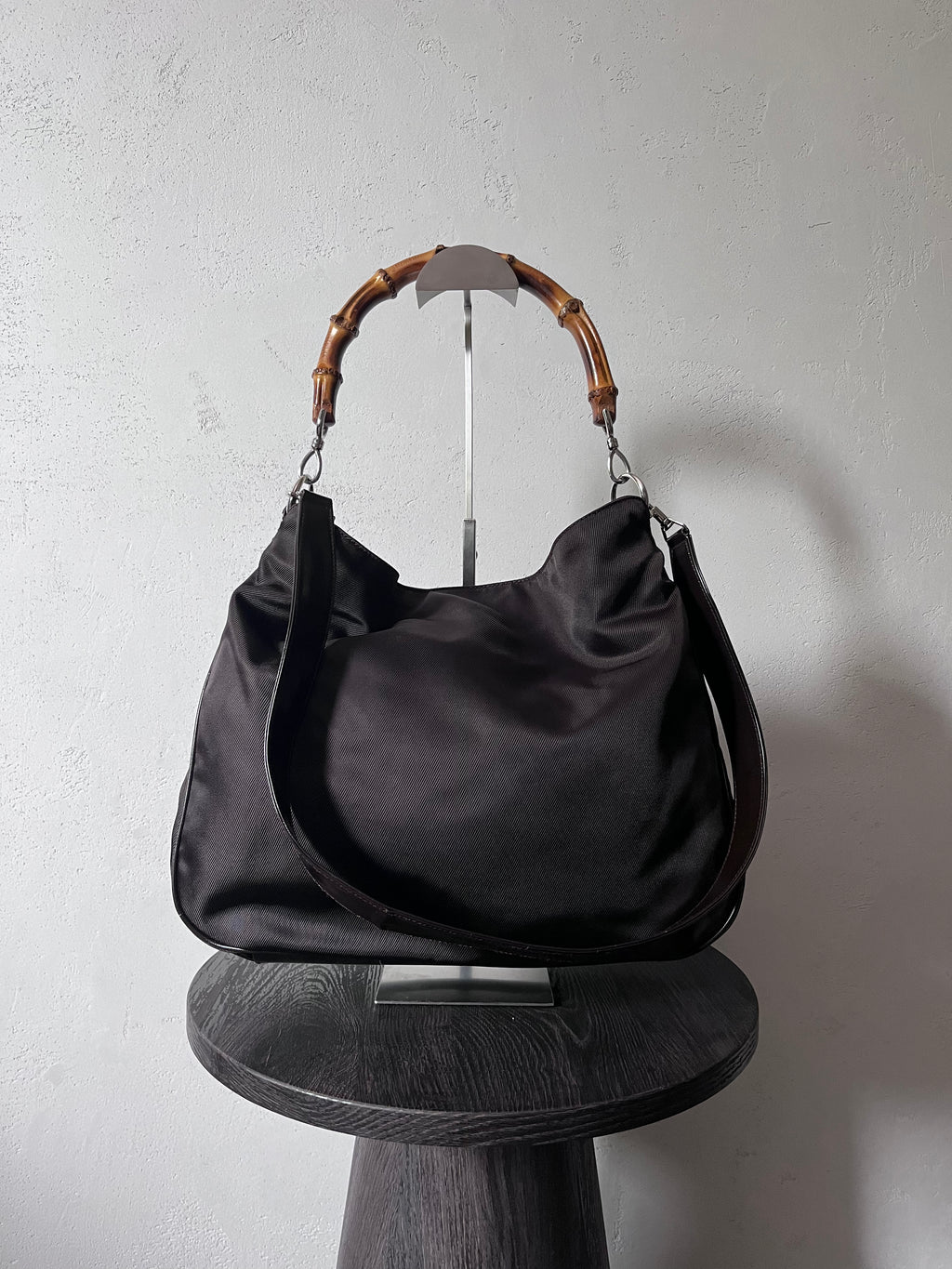 Gucci Vintage Nylon Bamboo Shoulder Bag Black / Chocolate