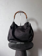 Gucci Vintage Nylon Bamboo Shoulder Bag Black / Chocolate