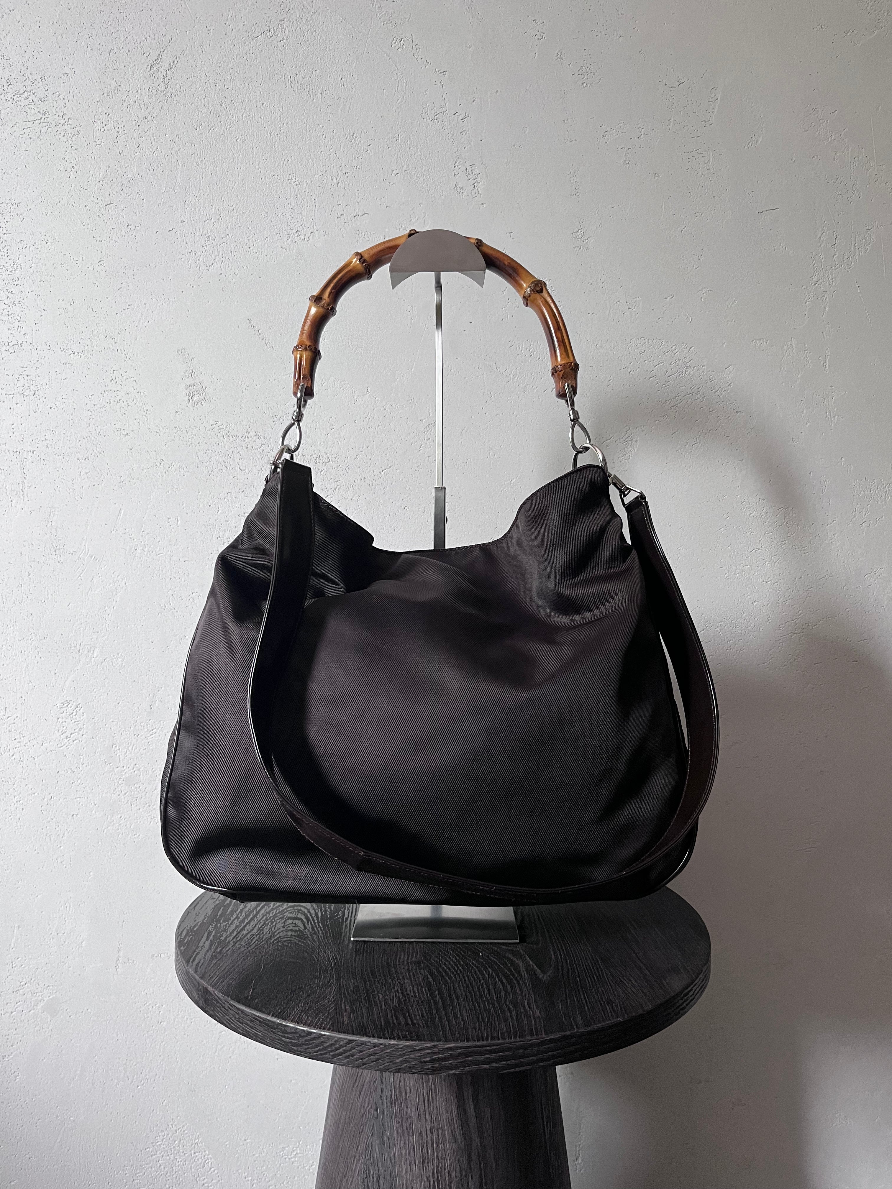 Gucci Vintage Nylon Bamboo Shoulder Bag Black / Chocolate