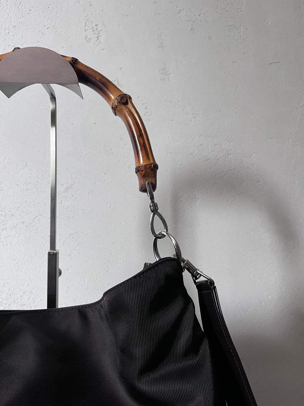 Gucci Vintage Nylon Bamboo Shoulder Bag Black / Chocolate
