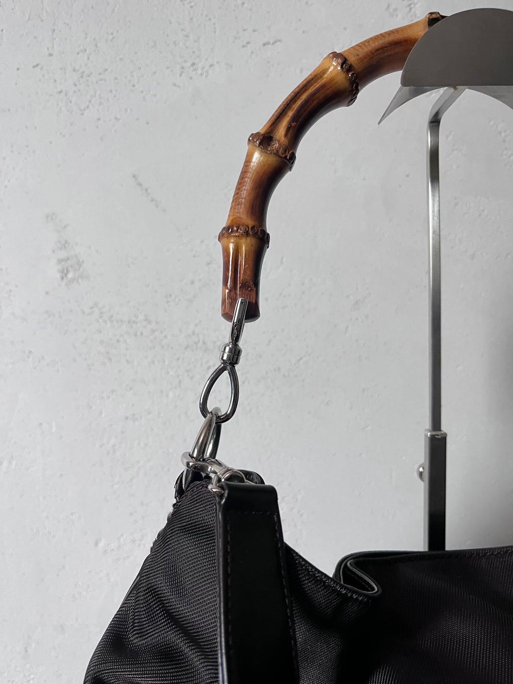 Gucci Vintage Nylon Bamboo Shoulder Bag Black / Chocolate