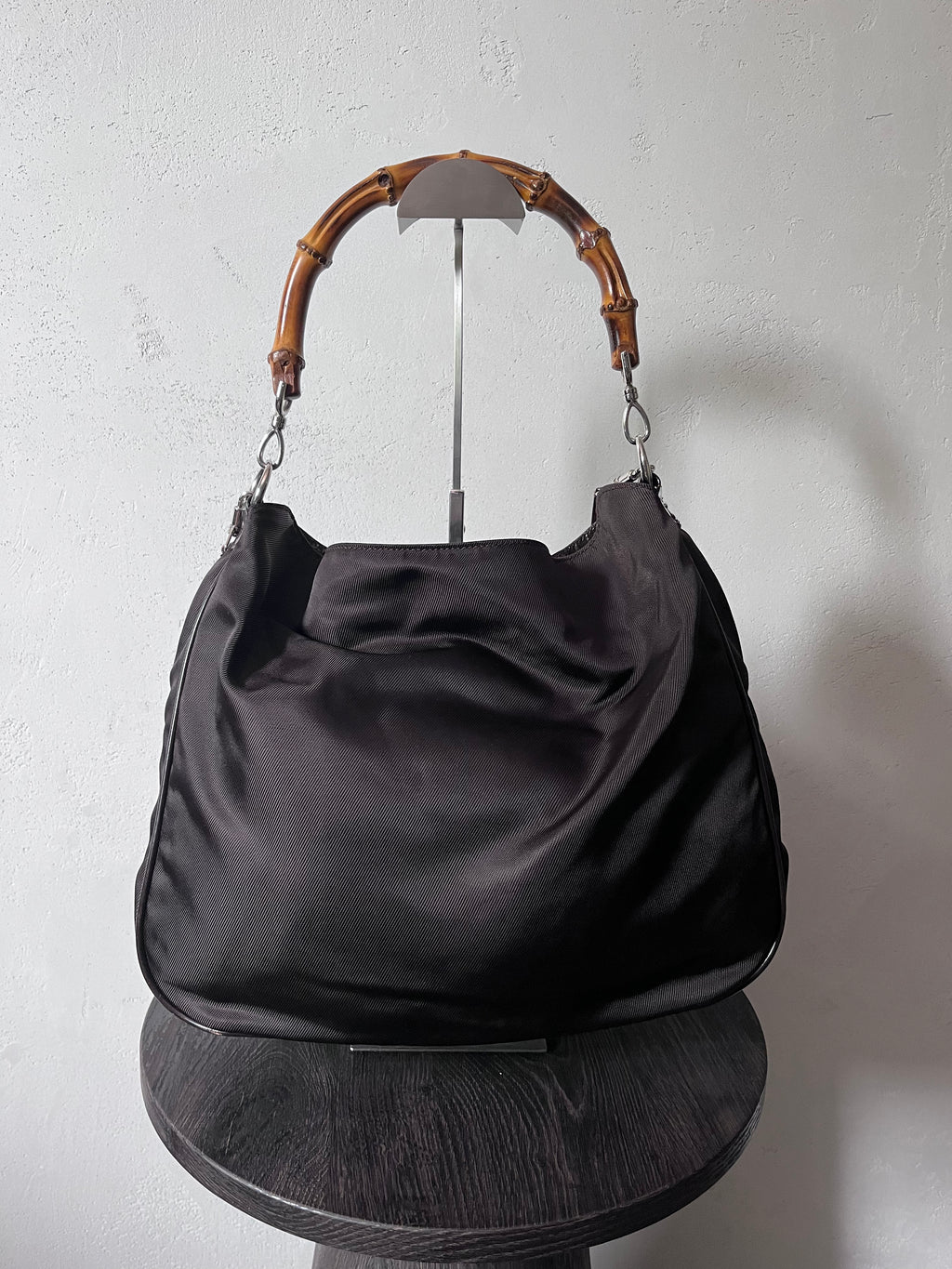 Gucci Vintage Nylon Bamboo Shoulder Bag Black / Chocolate