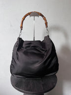 Gucci Vintage Nylon Bamboo Shoulder Bag Black / Chocolate