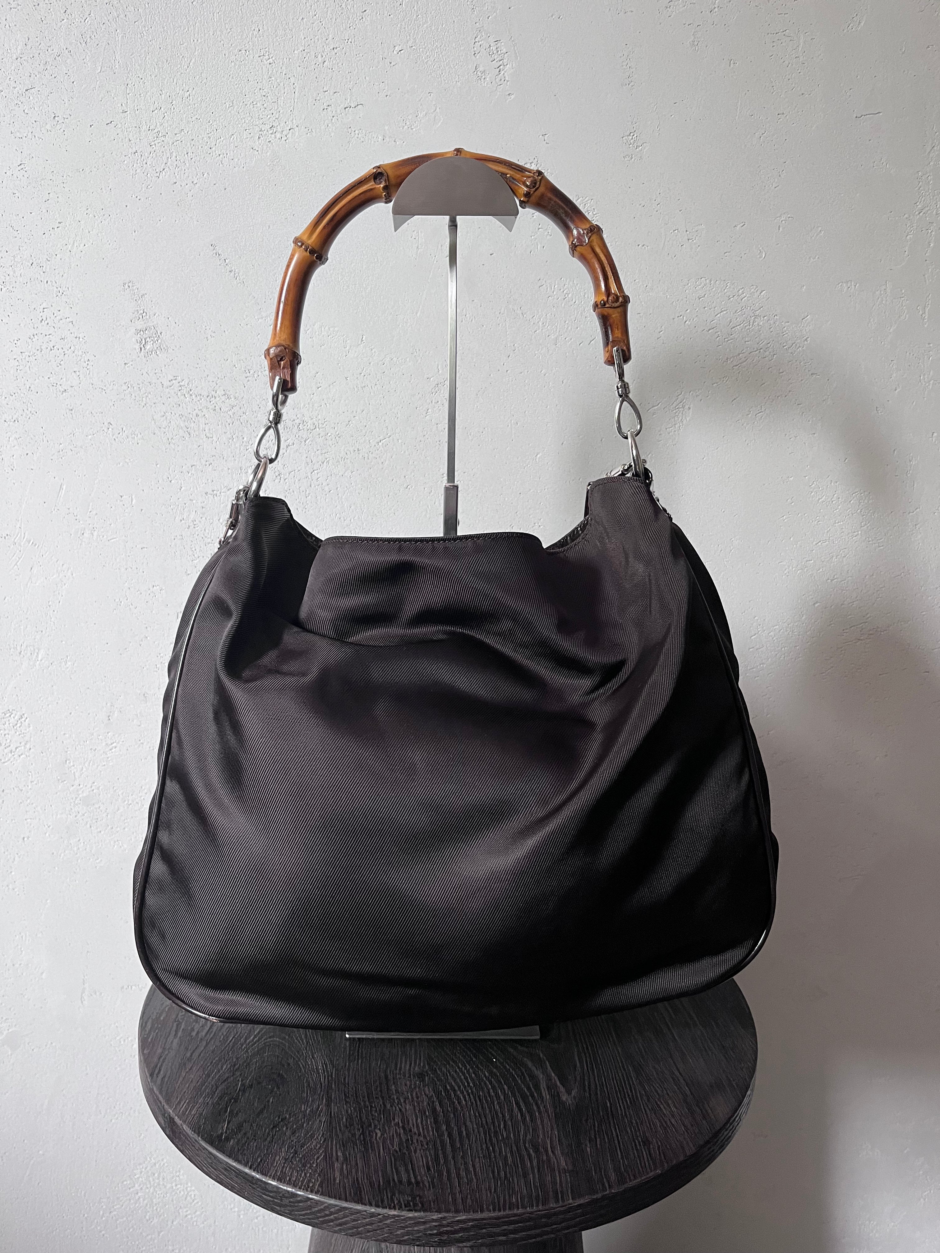 Gucci Vintage Nylon Bamboo Shoulder Bag Black / Chocolate