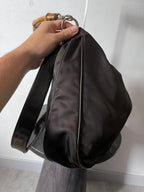 Gucci Vintage Nylon Bamboo Shoulder Bag Black / Chocolate