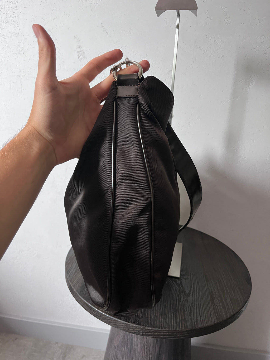 Gucci Vintage Nylon Bamboo Shoulder Bag Black / Chocolate