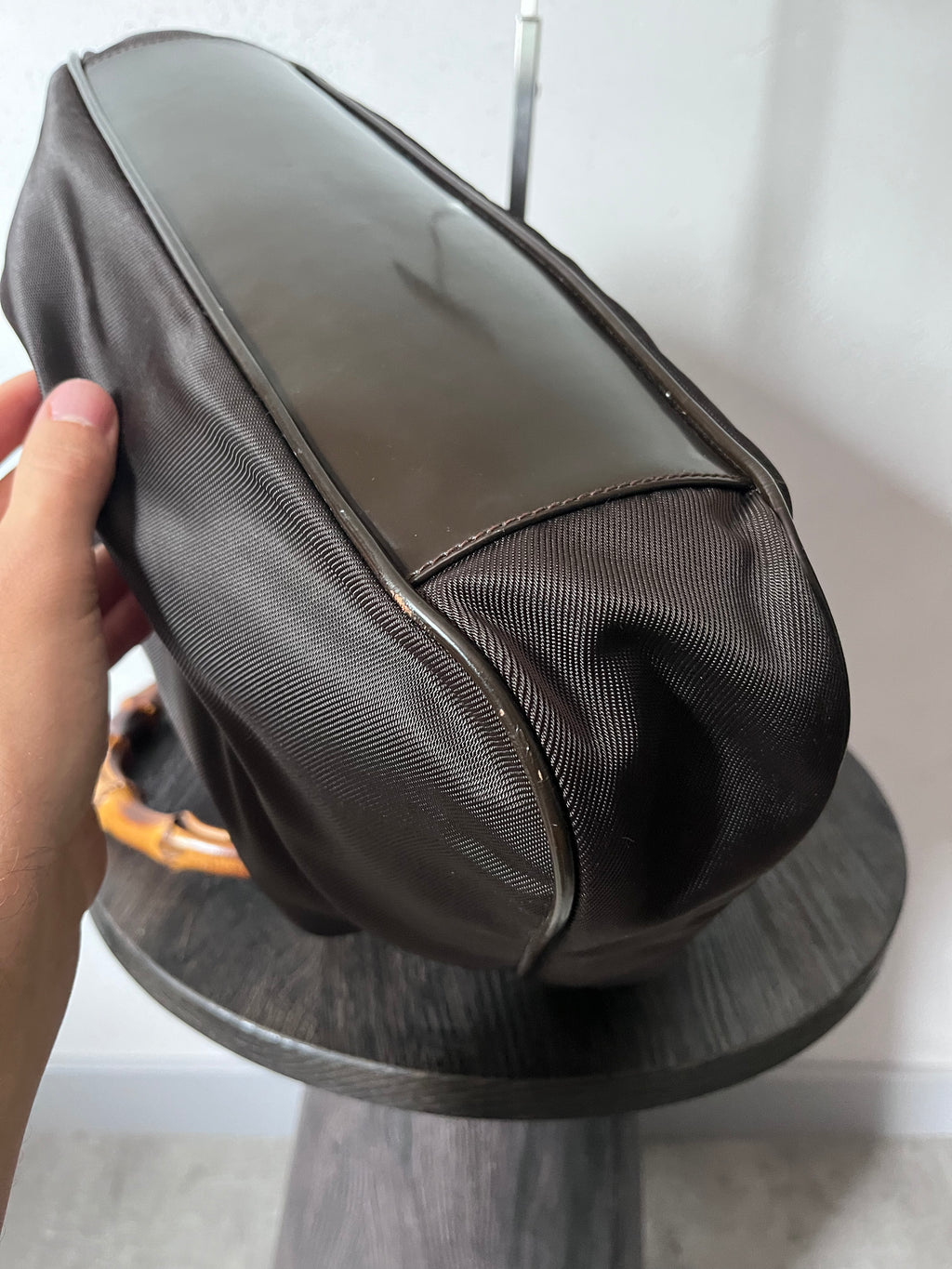 Gucci Vintage Nylon Bamboo Shoulder Bag Black / Chocolate