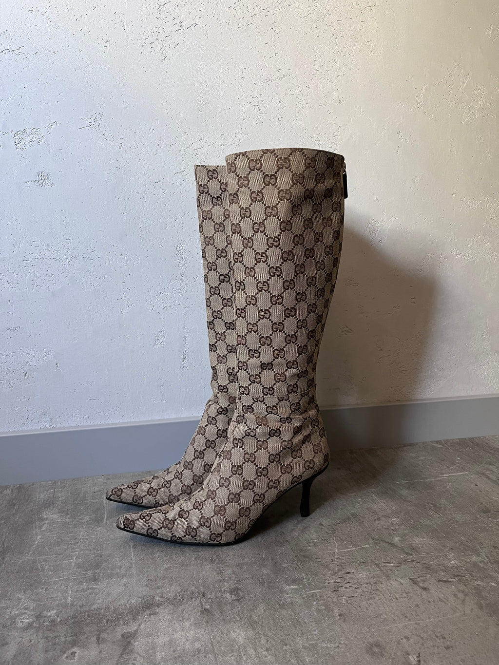 2000s Gucci by Tom Ford GG Monogram Canvas Knee Heels Boots Beige Women - 38