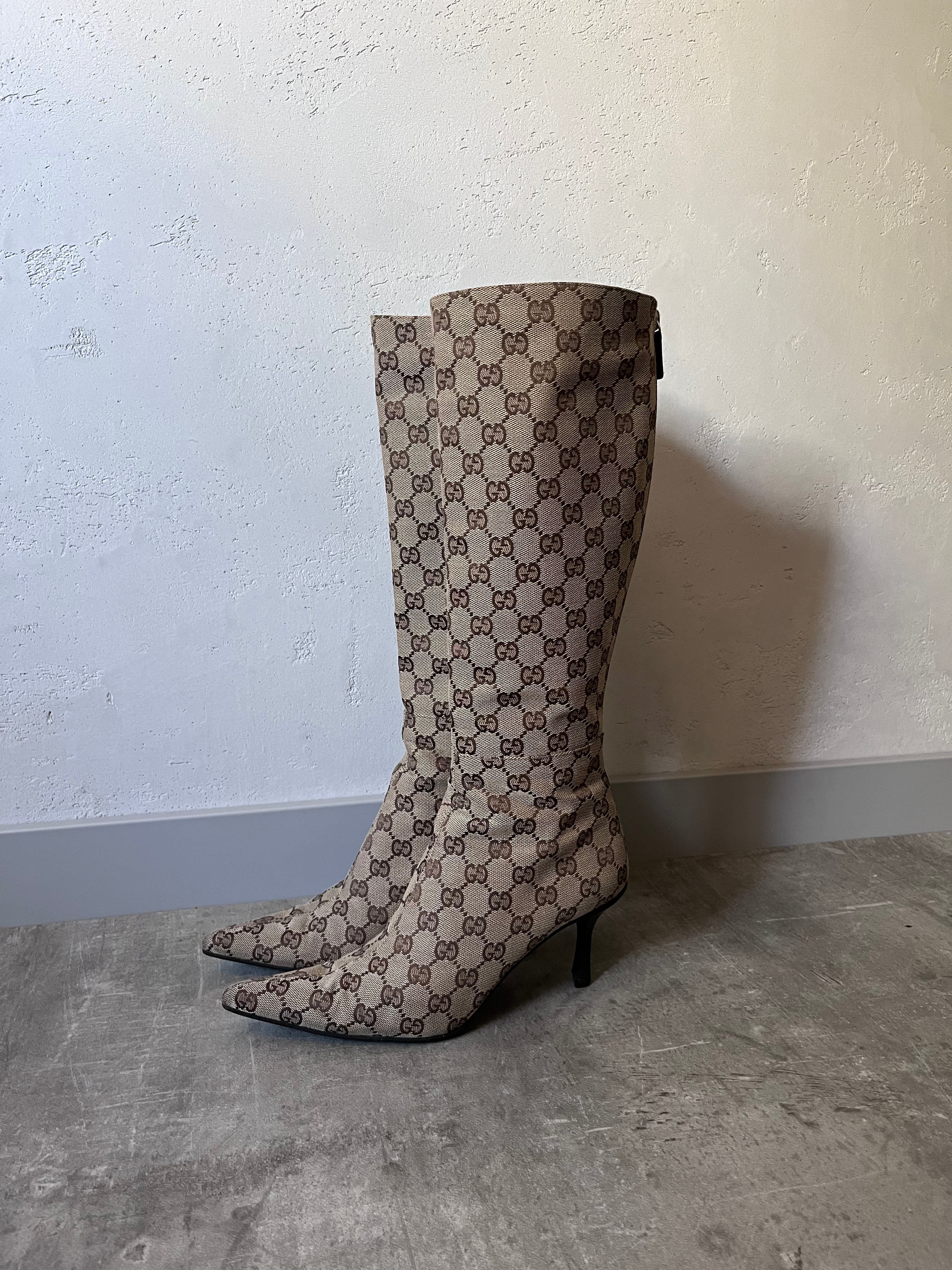 2000s Gucci by Tom Ford GG Monogram Canvas Knee Heels Boots Beige Women - 38