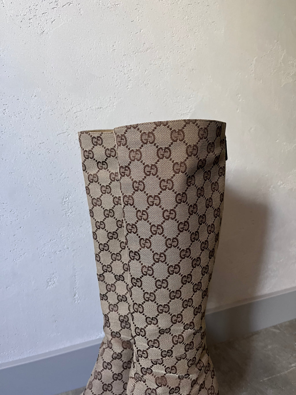 2000s Gucci by Tom Ford GG Monogram Canvas Knee Heels Boots Beige Women - 38