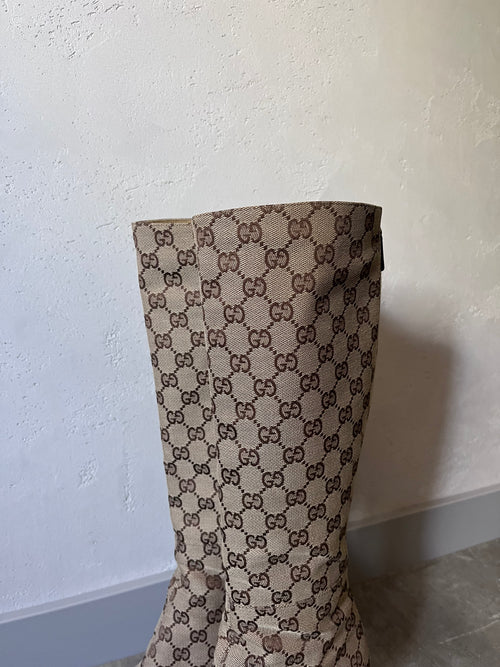 2000s Gucci by Tom Ford GG Monogram Canvas Knee Heels Boots Beige Women - 38