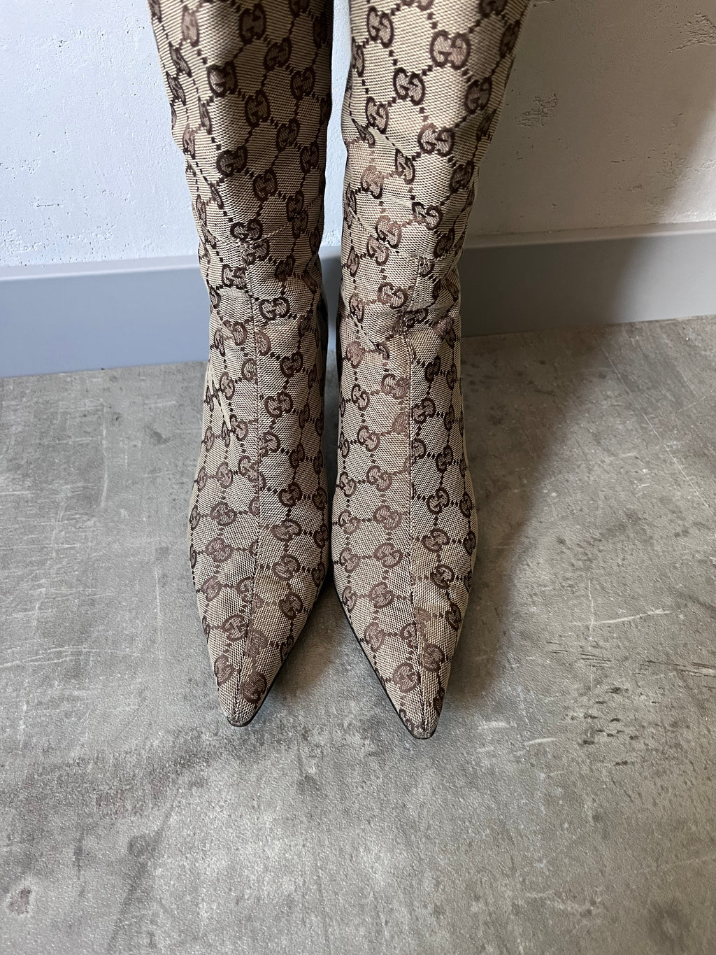 2000s Gucci by Tom Ford GG Monogram Canvas Knee Heels Boots Beige Women - 38