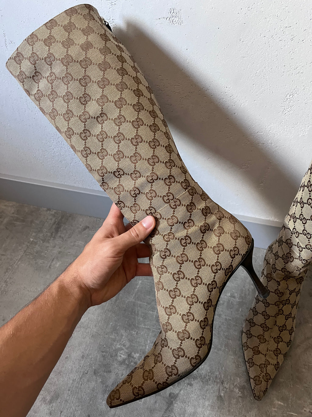 2000s Gucci by Tom Ford GG Monogram Canvas Knee Heels Boots Beige Women - 38
