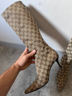 2000s Gucci by Tom Ford GG Monogram Canvas Knee Heels Boots Beige Women - 38