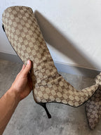 2000s Gucci by Tom Ford GG Monogram Canvas Knee Heels Boots Beige Women - 38