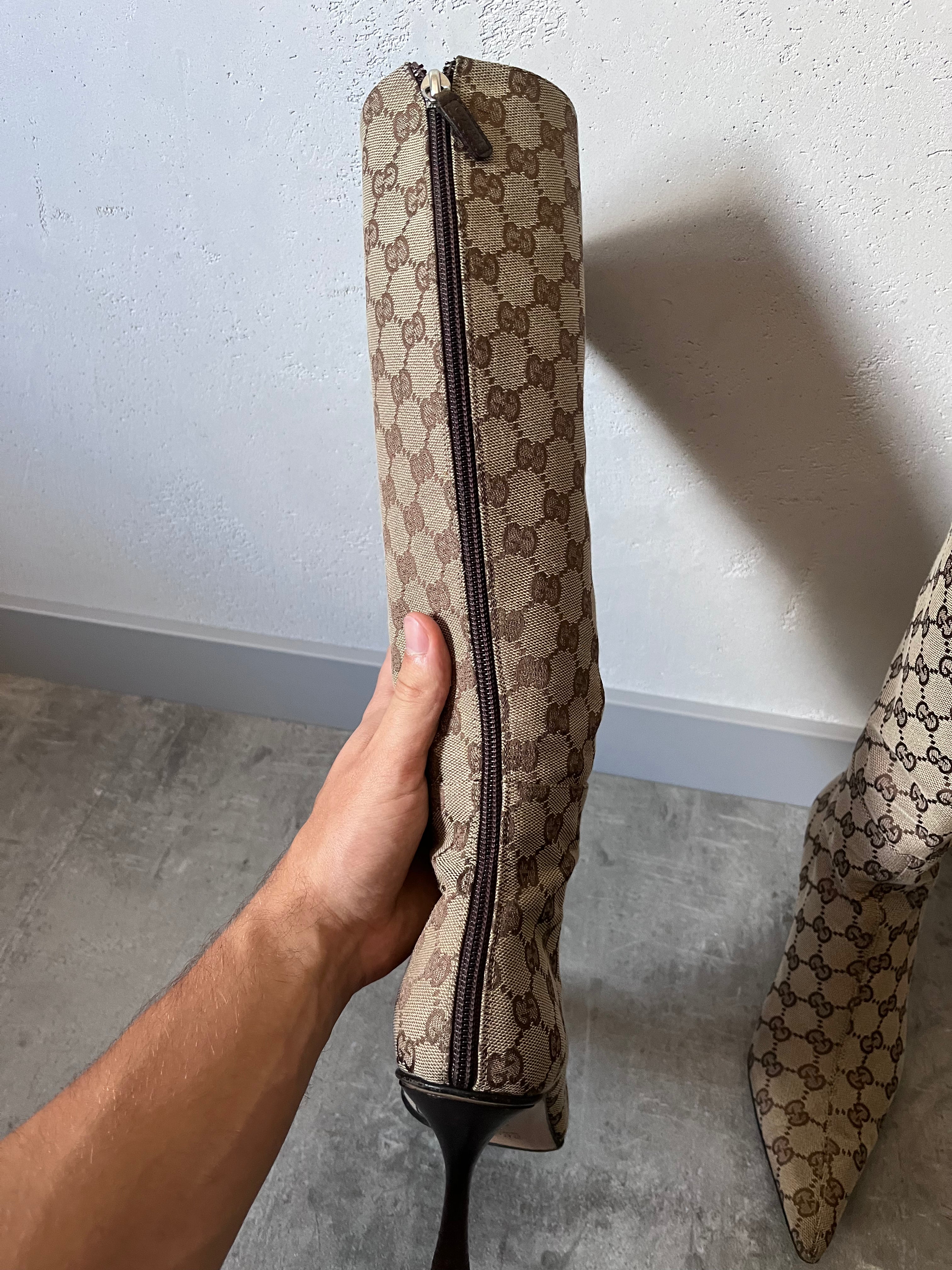 2000s Gucci by Tom Ford GG Monogram Canvas Knee Heels Boots Beige Women - 38