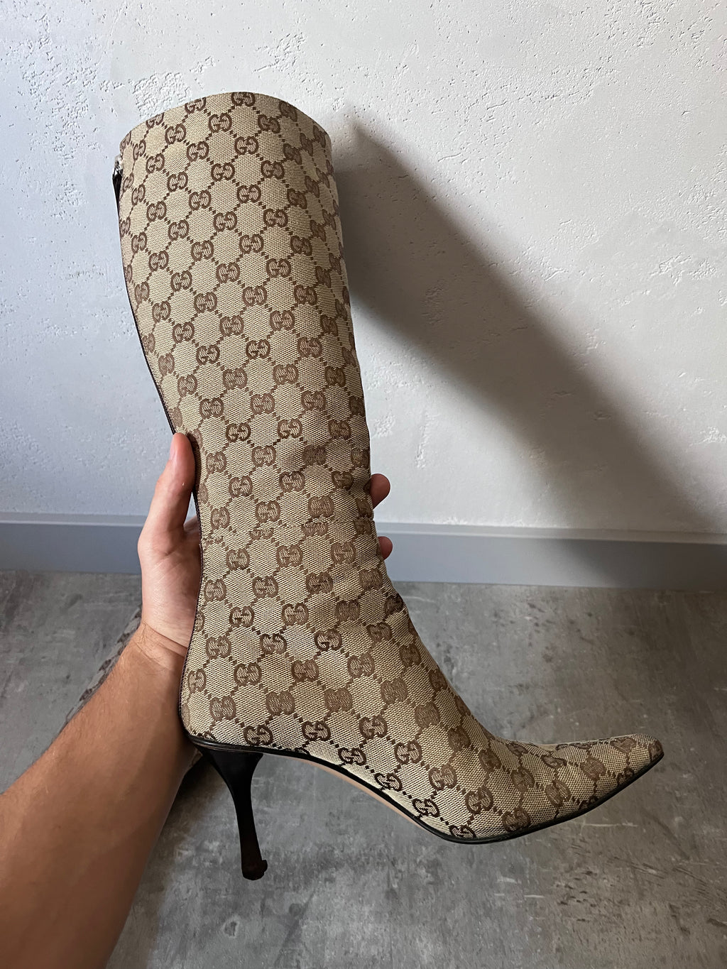 2000s Gucci by Tom Ford GG Monogram Canvas Knee Heels Boots Beige Women - 38