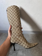 2000s Gucci by Tom Ford GG Monogram Canvas Knee Heels Boots Beige Women - 38