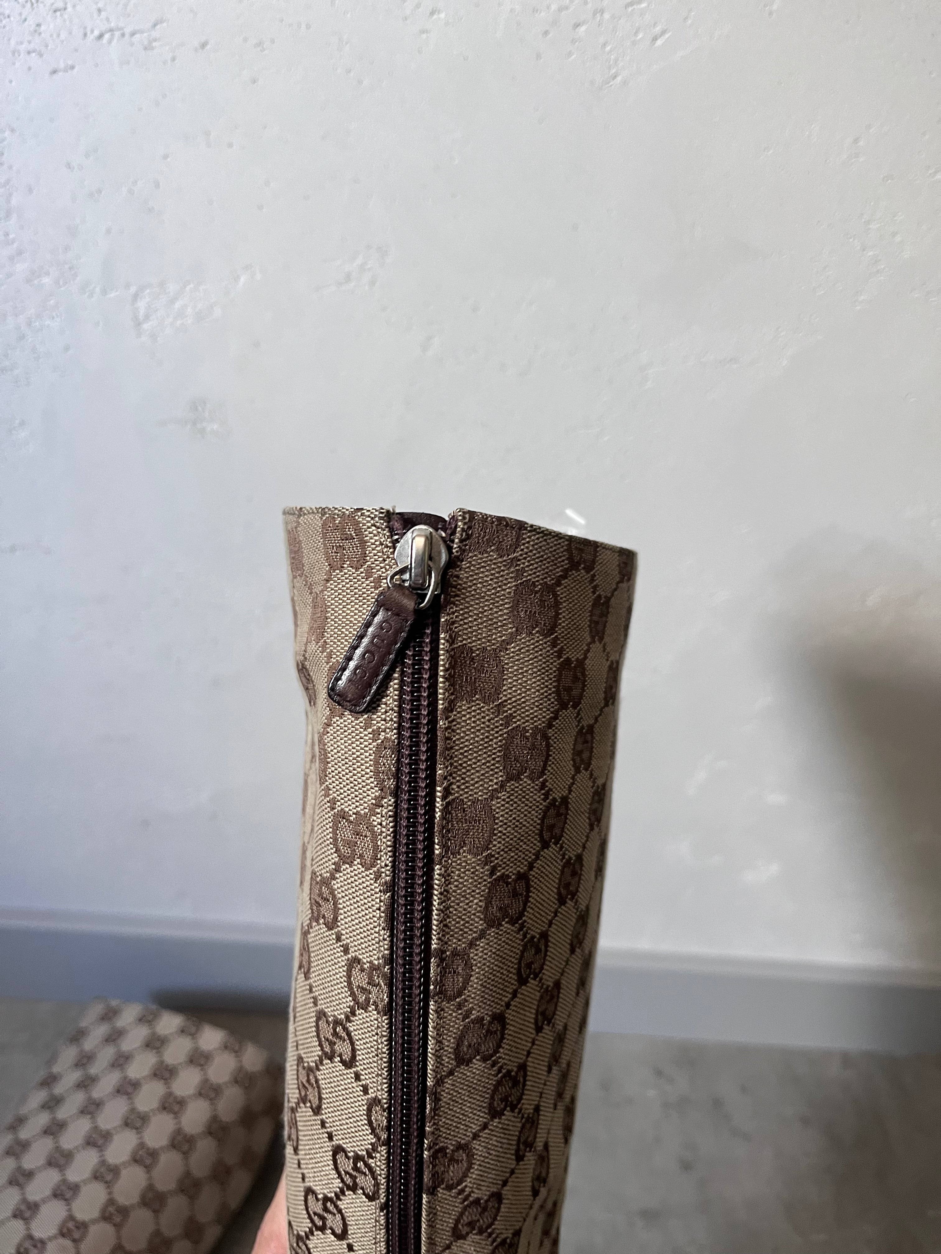 2000s Gucci by Tom Ford GG Monogram Canvas Knee Heels Boots Beige Women - 38