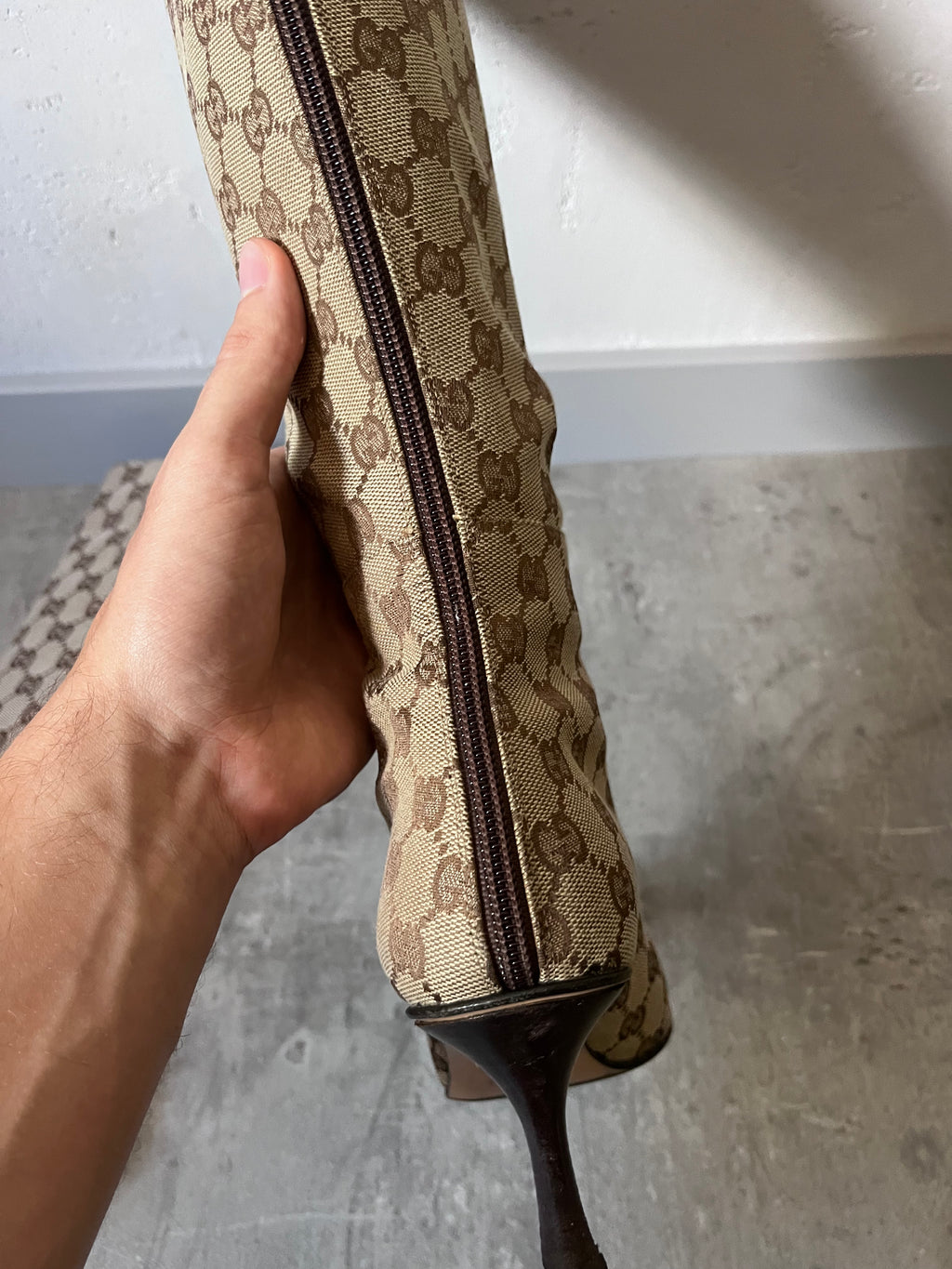 2000s Gucci by Tom Ford GG Monogram Canvas Knee Heels Boots Beige Women - 38