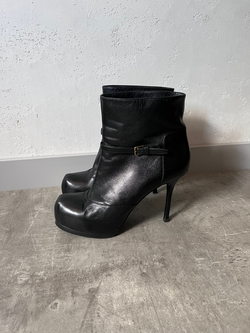 2000s Yves Saint Laurent Tribtoo Platform Leather Ankle Heels Black Women - 40