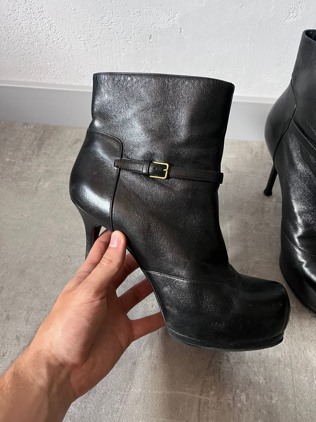 2000s Yves Saint Laurent Tribtoo Platform Leather Ankle Heels Black Women - 40
