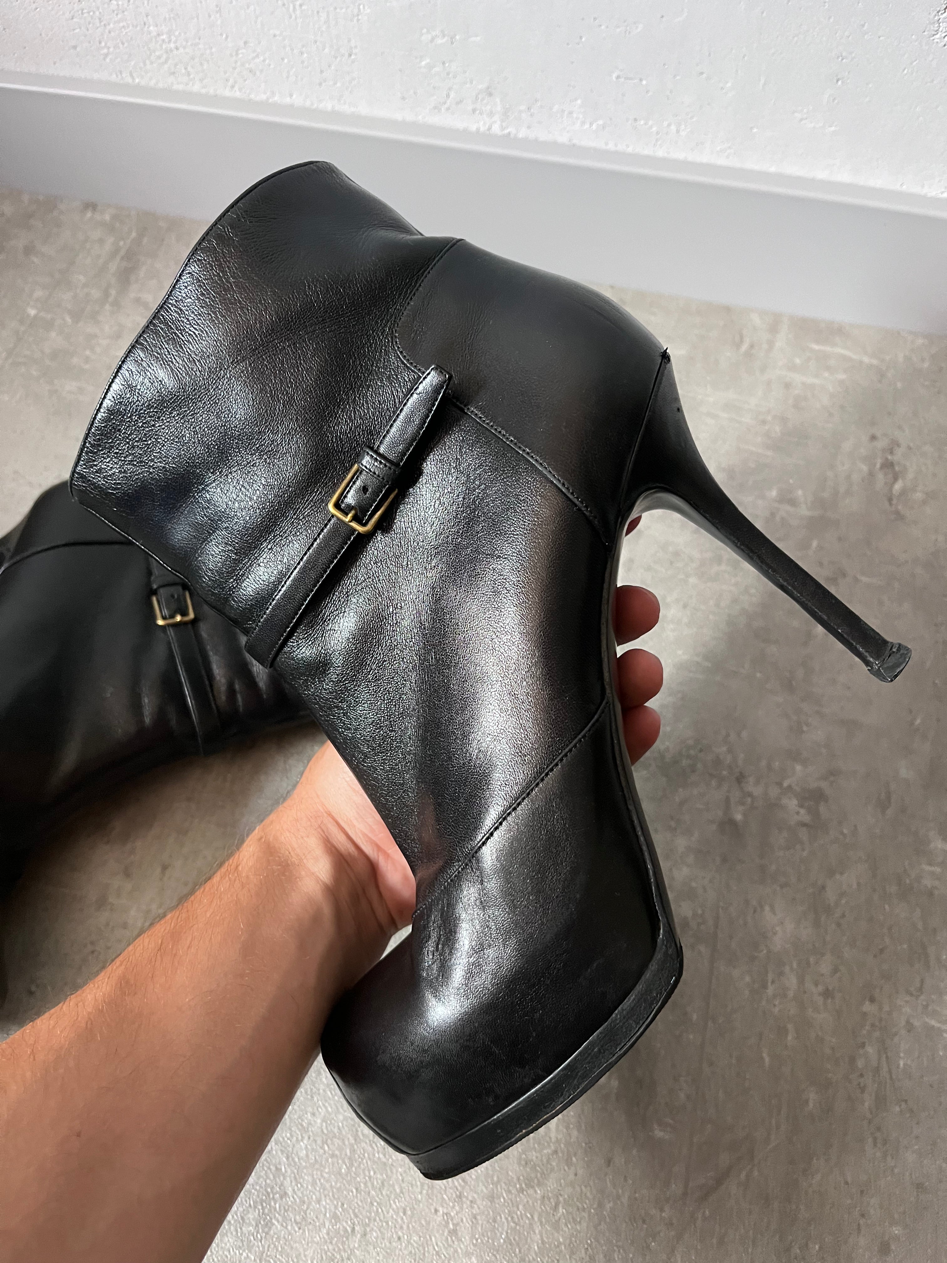 2000s Yves Saint Laurent Tribtoo Platform Leather Ankle Heels Black Women - 40