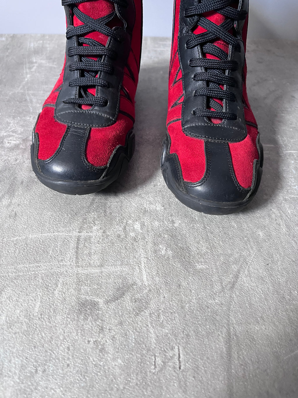 90s Walter Van Beirendonck W&LT Boxing Suede Boots Red Black Women - 36