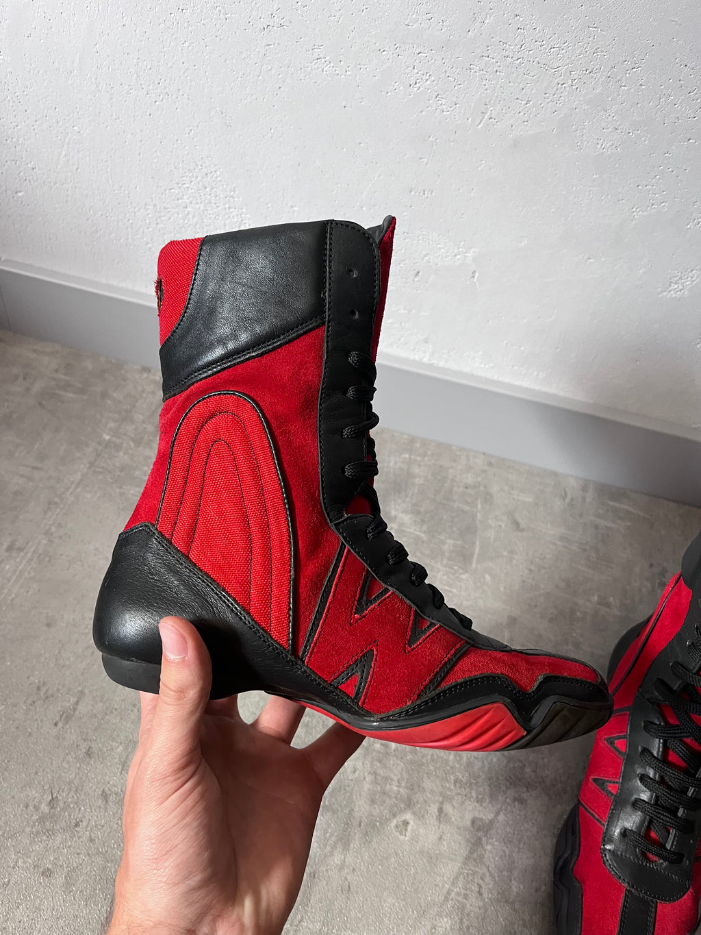90s Walter Van Beirendonck W&LT Boxing Suede Boots Red Black Women - 36