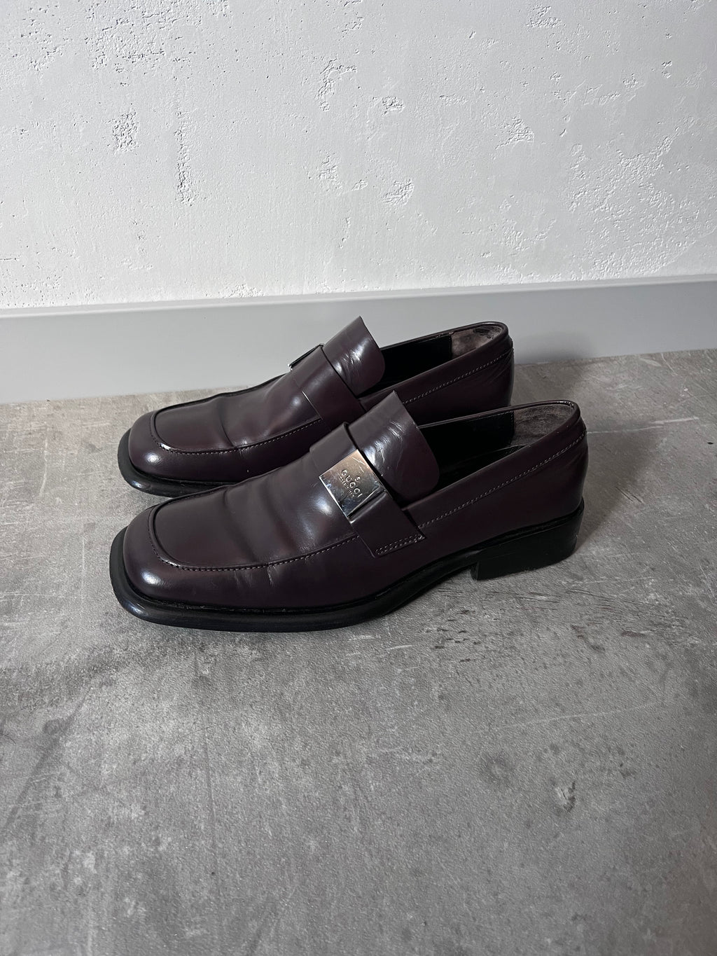 Gucci Silver Logo Plate Square Toe Leather Loafers Shoes Brown Men - 42.5