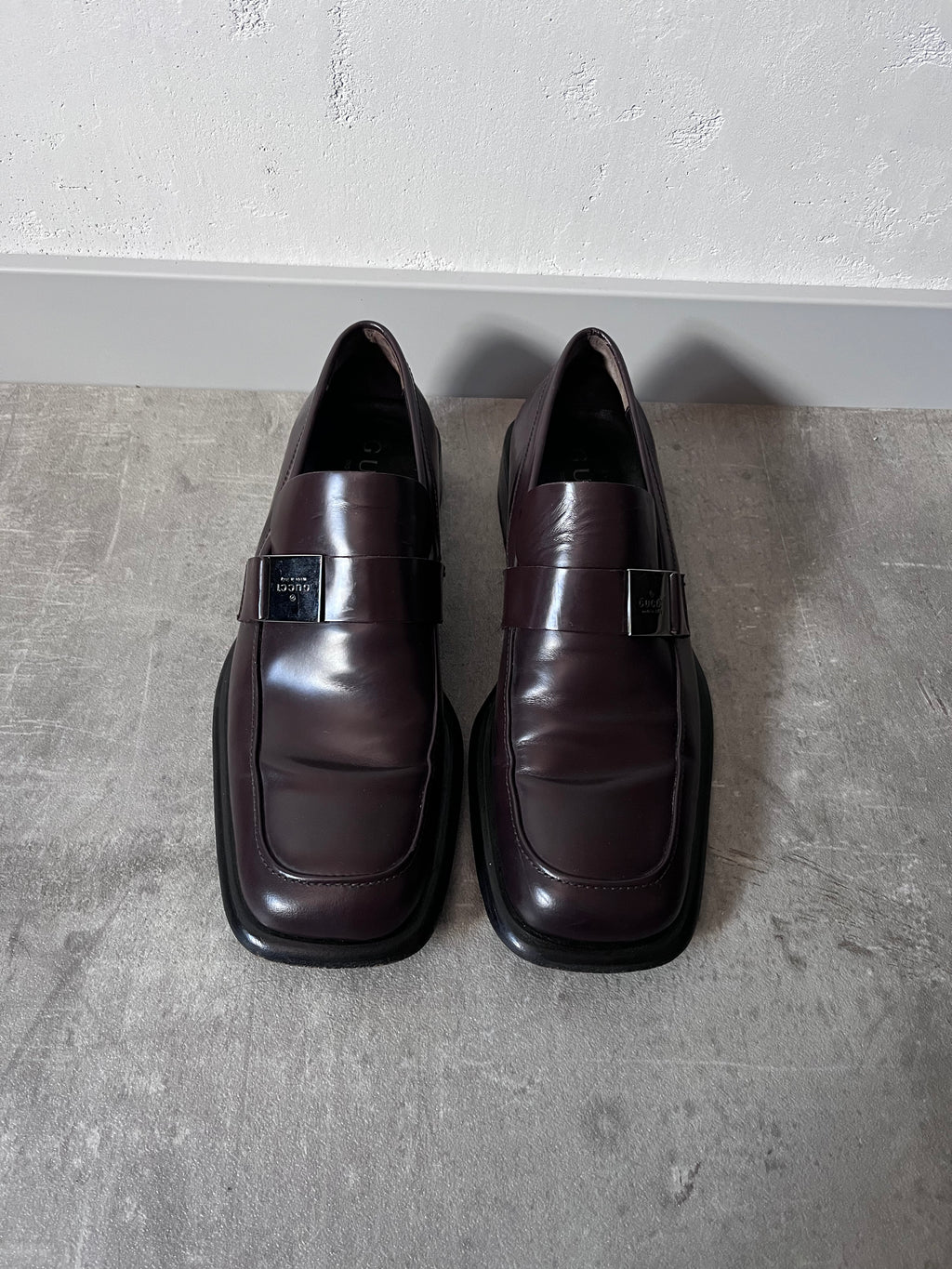 Gucci Silver Logo Plate Square Toe Leather Loafers Shoes Brown Men - 42.5