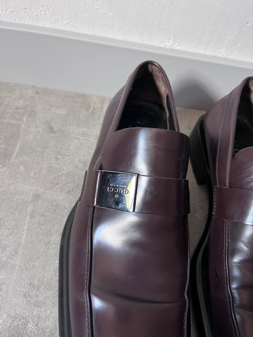 Gucci Silver Logo Plate Square Toe Leather Loafers Shoes Brown Men - 42.5