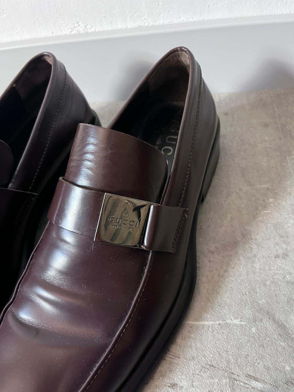 Gucci Silver Logo Plate Square Toe Leather Loafers Shoes Brown Men - 42.5